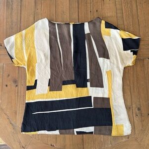 St. John Silk abstract Graphic Print Silk Blouse Women’s 10 Brown Yellow Black